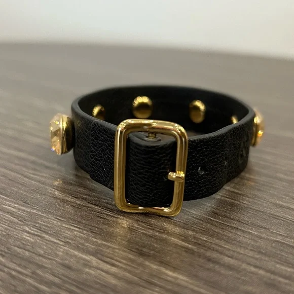 Swarovski Yellow Amber Crystal Genuine Black Leather Gold Buckle Bracelet - Picture 4 of 6
